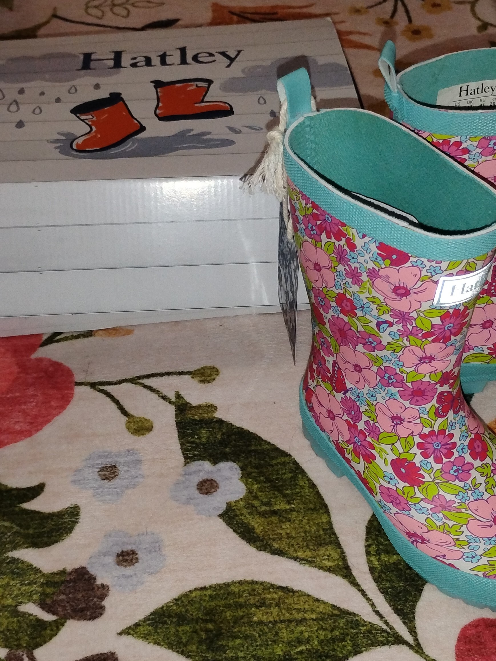 Hatley Teal-Trim Floral Kids' Rain Boots